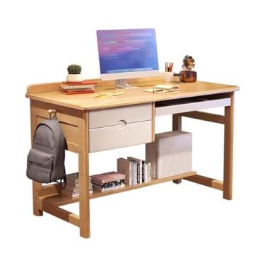 Imagem de Mesa de estudo com gavetas para crianças, mesa infantil com estante inferior, mesa de computador infantil para crianças de 8 a 12 anos com bandeja de teclado e compartimentos para caneta, mesa de