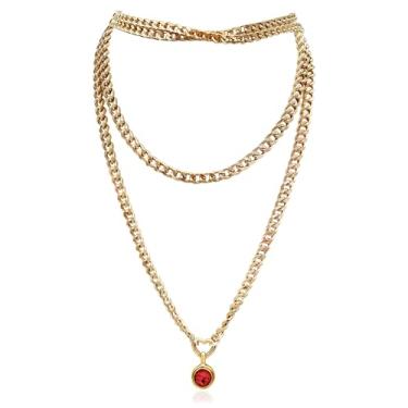 Imagem de EverGlimp Colar feminino grosso de corrente de ouro – pingente de cristal, corrente de coração em camadas com elo cubano e fecho em forma de coração, joia gargantilha moderna vermelha