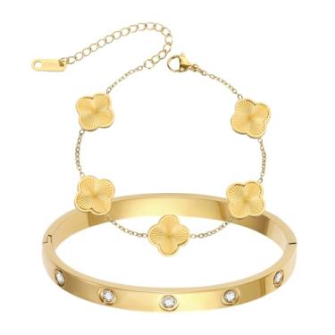 Imagem de 2 peças de pulseira de trevo banhado a ouro 18 K para mulheres conjunto de pulseiras de trevo de quatro folhas de ouro empilhar pulseiras de elo da sorte na moda joias presentes de Natal dia dos
