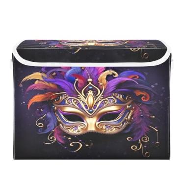 Imagem de Wassud Cestas de armazenamento de Natal com tampas, máscara de baile de máscaras de carnaval, caixas dobráveis de tecido empilhável, cestas de linho, recipiente organizador de armário 42 x 32 x 30 cm