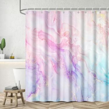 Imagem de Leyiyi Cortina de chuveiro colorida de mármore colorido rosa azul roxo dourado glitter cortinas de banheiro modernas arte de tinta de luxo lavável tecido impermeável decoração de banheiro 165 x 182