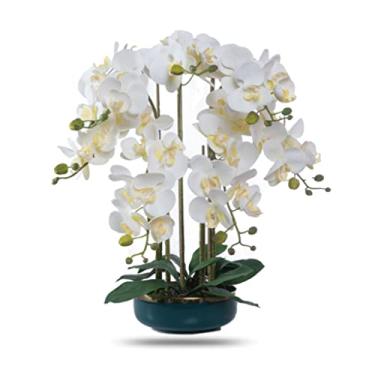 Imagem de LMJYU Flores artificiais para decoração de plantas artificiais flores artificiais em vaso de cerâmica orquídeas Phalaenopsis flores artificiais para decoração de casamento de escritório em casa flores
