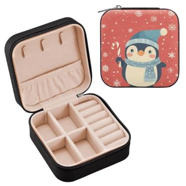 Imagem de Wassud Estojo de joias de viagem de pinguim fofo para mulheres, meninas, senhoras, noiva, mini organizador de joias de couro PU, caixa quadrada de armazenamento de joias para brincos, anéis, colar