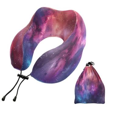 Imagem de CEBUGI Travesseiros de viagem portáteis em forma de U, travesseiro de pescoço de espuma viscoelástica com trava de corda ajustável para avião, viagem, trem, negócios, escritório, soneca (galáxia)