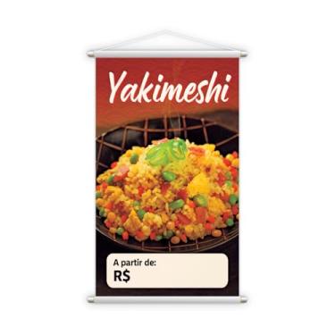 Imagem de Yakimeshi Banner Decorativo, Pôster de Restaurante Japonês com Arroz Frito, Impressão em Lona, Vermelho e Branco 60x40