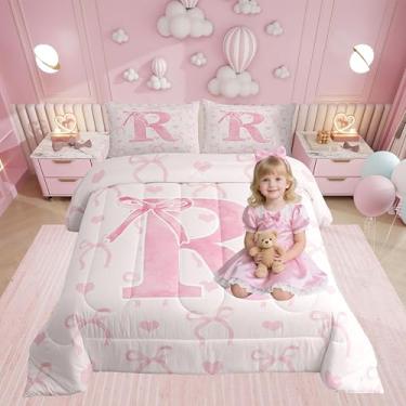 Imagem de Erosebridal Jogo de cama solteiro com laço de borboleta, rosa, romântico, coração, letra R, quente, decoração de quarto feminino, estilo fada, edredom