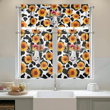 Imagem de sgqjdpmc Conjunto de 3 cortinas de cozinha de vaca e sanefas para cozinha, janelas sobre a pia, decoração de casa de fazenda, cortinas de arte de 60 x 91 cm