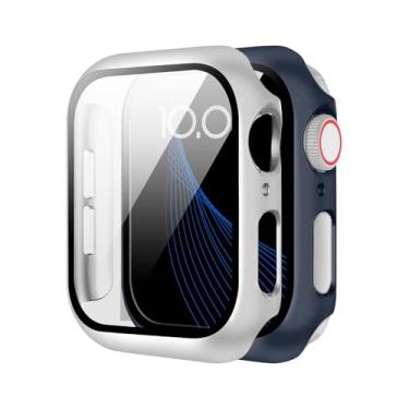 Imagem de (Pacote com 2) Compatível com Apple Watch Series 10/9/8/7/6/5/4, com um protetor de tela de vidro temperado e uma capa rígida de PC para proteção total. (Azul meia-noite + prata, 40 mm)