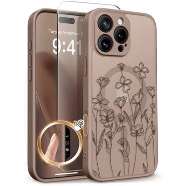 Imagem de GVIEWIN Capa para iPhone 16 Pro Max compatível com MagSafe, [proteção de grau militar] [protetor de tela] proteção total para câmera floral, translúcida, capa magnética feminina, esboço/marrom