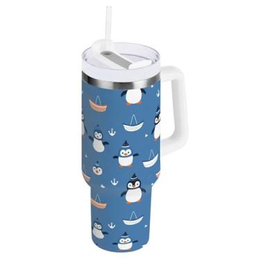 Imagem de ODAWA Copo isolado de parede dupla de 1,134 g, pinguins boats copos azuis com isolamento duplo com alça e tampa de canudo