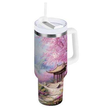 Imagem de Copos com isolamento duplo rosa Mountain Garden de 850 g com tampa e canudo com isolamento de queda