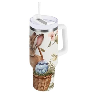 Imagem de Copo isolado de cesta de coelho da Páscoa de 850 g com tampa e canudo, copos com isolamento duplo