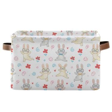 Imagem de Cestas de armazenamento retangulares de lona – Cestas de armário de tecido impermeável de 36 cm com alças para prateleiras, coelho fofo de desenho animado, branco, 1 pacote