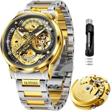 Imagem de OLEVS Relógios masculinos esqueleto automático mecânico automático relógio de luxo relógio masculino de aço inoxidável à prova d'água luminoso Wirstwatch presente para homens, Ouro 3278, 3278-gold