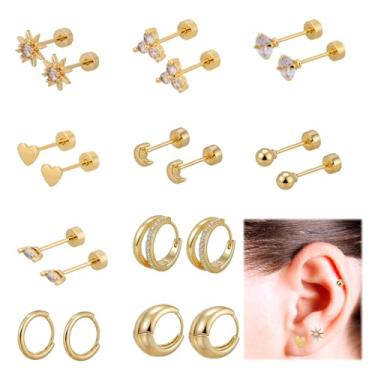 Imagem de 10 Pares Brincos com Base Plana, Pequenos Argola Delicados em Cobre com Zircônia Brincos Pino Base Plana Usar Conjunto Acessórios Joias da Moda Adequados para Mulheres (Ouro)