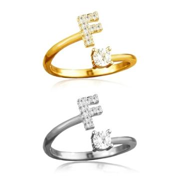 Imagem de ABJFJE Anéis femininos ajustáveis com letras prateadas douradas delicadas zircão cristal inicial empilhável anel moderno joia exclusiva presente 2 peças, Latão, Cristal