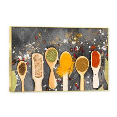 Imagem de Moldura dourada. Arte de parede em tela de especiarias coloridas e colher de tempero | Decoração de cozinha vintage | Arte moderna para casa e sala de jantar. C08. 60 x 90 cm - 23,7 x 35,5 pol