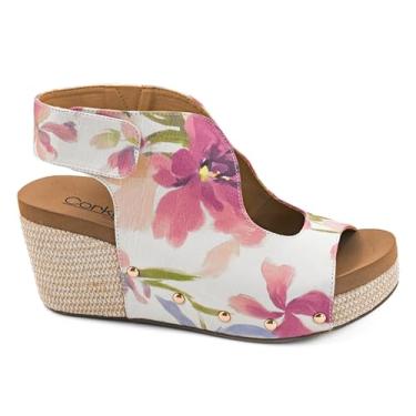 Imagem de Corkys Footwear Cunha feminina Frisky – com salto de 6 cm, salto de cortiça leve, tira ajustável no tornozelo e conforto o dia todo para um estilo sem esforço, Floral, 38