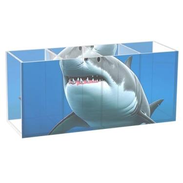 Imagem de TSENQUE Porta-lápis de caneta fofo tubarão branco azul oceano decoração de casa organizador de pincéis acrílico porta-lápis copo