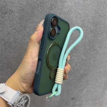 Imagem de Capa magnética com suporte de anel fosco para iPhone 16 Pro Max 15 14 13 12 11, alça de pulso com cordão, capa rígida à prova de choque, verde, para iPhone 16 Plus