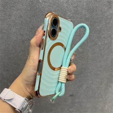 Imagem de Capa de celular luxuosa com alça de pulso e cordão para iPhone 15, 16 Plus, 11, 12, 13, 14 Pro Max, capa com revestimento macio e ondulada, ciano, para iPhone 16 Pro Max