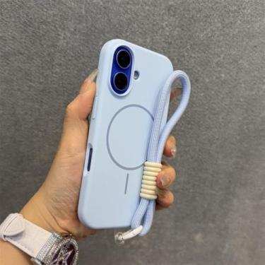 Imagem de Capa de silicone líquido para iPhone 16, 11, 12, 13, 14, 15 Pro Max, 16 Plus, alça de pulso, cordão magnético, azul-celeste, para iPhone 11 Pro