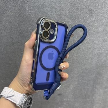 Imagem de Capa com cordão de duas cores para iPhone 16, 15, 14 Pro Max Plus, 12, 13, 11, alça de pulso, airbag, capa transparente, azul, para iPhone 16 Plus