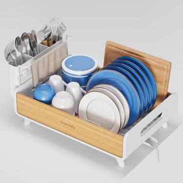 Imagem de Urackify Escorredor de pratos para balcão de cozinha – Escorredor de pratos de aço inoxidável e bambu, escorredor de pratos de cozinha com suporte grande de utensílios removível, escorredor de pratos
