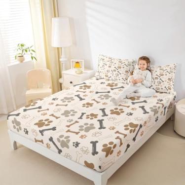 Imagem de Conjunto de cama com estampa de pata de cachorro tamanho Queen, lençol com elástico com tema animal de estimação, bege bonito design de desenho animado protetor de colchão com 2 fronhas, bolso profundo elástico todo redondo