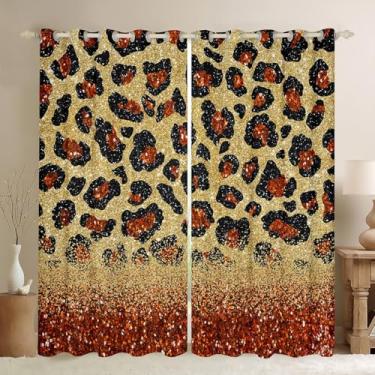 Imagem de Cortinas de janela com estampa de leopardo laranja para adolescentes e adultos, cortina de pele de animal selvagem para quarto, cortinas com glitter dourado laranja para sala de estar, cortinas de