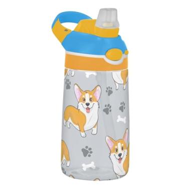 Imagem de Cute Corgi Dogs Garrafa de água infantil cinza para escola, 473 ml Tritan 473 ml garrafa de água esportiva com canudo, copo de viagem infantil portátil à prova de vazamento, alça de transporte