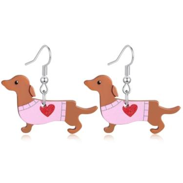 Imagem de Brincos femininos de Dachshund com pingente de cachorro Wiener com coração, joias fofas de dia dos namorados, presente para amantes de cães, Regular size, Acrílico, Sem pedra preciosa