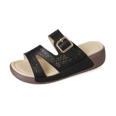 Imagem de Pantufas femininas sólidas com fivela de cinto oco bico redondo bico aberto plataforma sem cadarço primavera verão conforto, Preto, 36