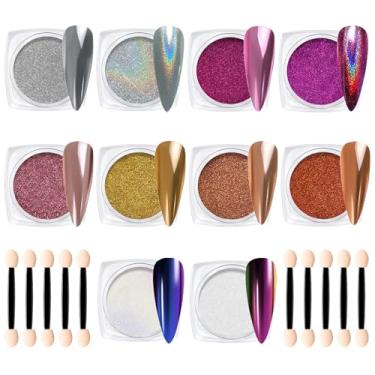 Imagem de Creaglam Kit De Pó Cromado Para Unhas: 10 Potes, 8 Cores, Efeito Espelhado Metálico, 2 Cores, Arte De Unha Camaleão Aurora Holográfica - 1G/Pote, Pó Cromado Prateado, Rosa, Dourado, Roxo Para Unhas