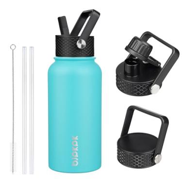 Imagem de BJPKPK Garrafas de água isoladas com tampa de palha, garrafa de água de aço inoxidável de 765 g com 3 tampas, garrafa térmica de metal à prova de vazamento livre de BPA, canecas, copos, mantenha frio