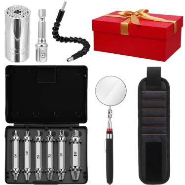 Imagem de Lasnten Pacote com 12 presentes para homens, extrator de parafuso danificado, chave de soquete, adaptadores de furadeira, cabo de cambota de extensão, pulseira magnética, espelho de inspeção redondo