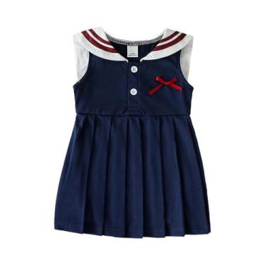 Imagem de Vestido Sem Mangas Para Meninas Com Saia Plissada Azul Marinho, Estilo