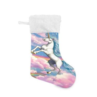 Imagem de ATTX Meias de Natal de cavalo arco-íris, suporte de presente branco de pelúcia para decorações de festas de fim de ano (17,7 polegadas, 1 pacote) #419
