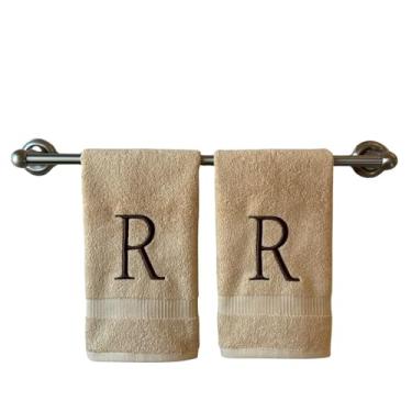 Imagem de Toalha de mão bege inicial para banheiro - Toalha bordada decorativa de qualidade de hotel de luxo monograma para lavabo, spa - Certificado orgânico GOTS - Conjunto de 2 marrom letra R