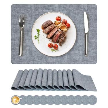 Imagem de Jogo americano de vinil, conjunto de 12 tapetes de couro sintético, à prova d'água e resistente ao calor, tapetes de mesa laváveis antiderrapantes com porta-copos para ambientes internos e externos