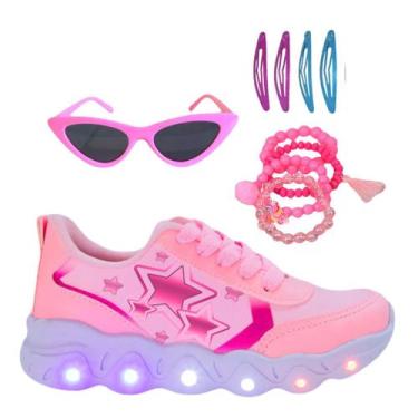 Imagem de Tênis Led Infantil Feminino Casual Jogging Estrela Coração Rosa +Óculo