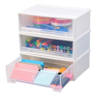 Imagem de Flytreal Pacote com 3 organizadores empilháveis de gavetas, pequeno recipiente de armazenamento de gaveta de plástico para acessórios de mesa de escritório em casa, artigos de papelaria, canetas
