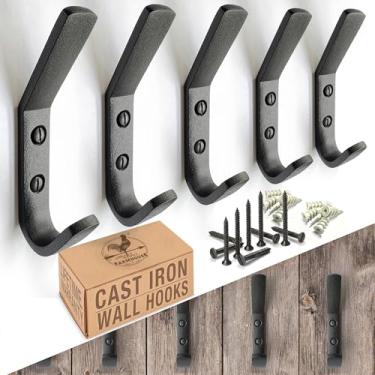 Imagem de Gancho de ferro fundido (pacote com 5) Ganchos de parede modernos resistentes para pendurar casacos, bolsas, jaquetas, toalhas (preto, inclui ferragens) (preto antigo)