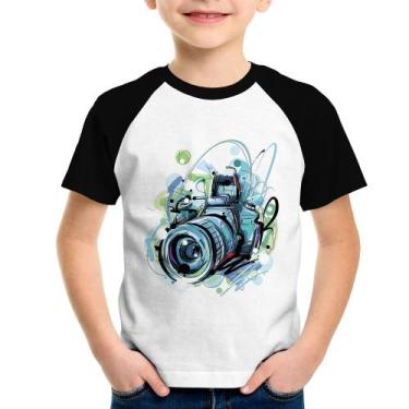 Imagem de Camiseta Raglan Infantil Câmera Fotográfica - Foca na Moda, Branco, Pr