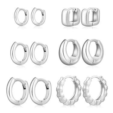 Imagem de Wgoud Conjunto de brincos pequenos de argola de ouro para mulheres, 6 pares de brincos de argola leves e hipoalergênicos banhados a ouro 14K, brincos modernos de zircônia cúbica de cartilagem para