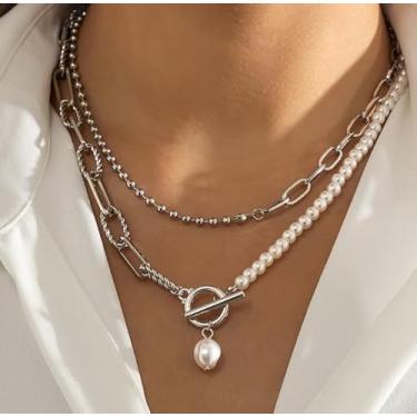 Imagem de Colar feminino delicado de pérolas empilhadas com pingente de ouro grosso joias de verão boho moda concerto moderno outono Natal amizade, Medium, Latão, Sem Pedra Preciosa