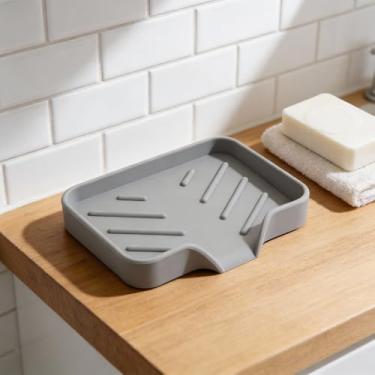 Imagem de Saboneteira de silicone com dreno, suporte de sabão inclinado com bico de despejo, bandeja de sabão em cascata autodrenante para organizador de pia de banheiro e cozinha, cinza