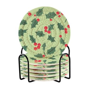 Imagem de Blueangle 6 peças de porta-copos de folhas de azevinho para bebidas, porta-copos de tecido redondo super absorvente para mesa de café, proteção de mesa para decoração de casa (253)