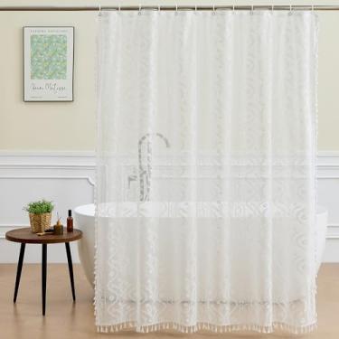 Imagem de WAZZIO Cortina de chuveiro de renda branca - Cortinas de chuveiro vintage lindas flores transparentes com 12 ganchos de plástico, cortinas de banho decorativas elegantes com borla para banheiro, 182 x