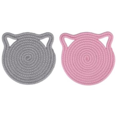 Imagem de 2 peças de trivets para pratos quentes, tapete de prato quente de 18 cm de algodão resistente ao calor em forma de gato conjunto de porta-copos bonitos para bancadas de cozinha (rosa, cinza)